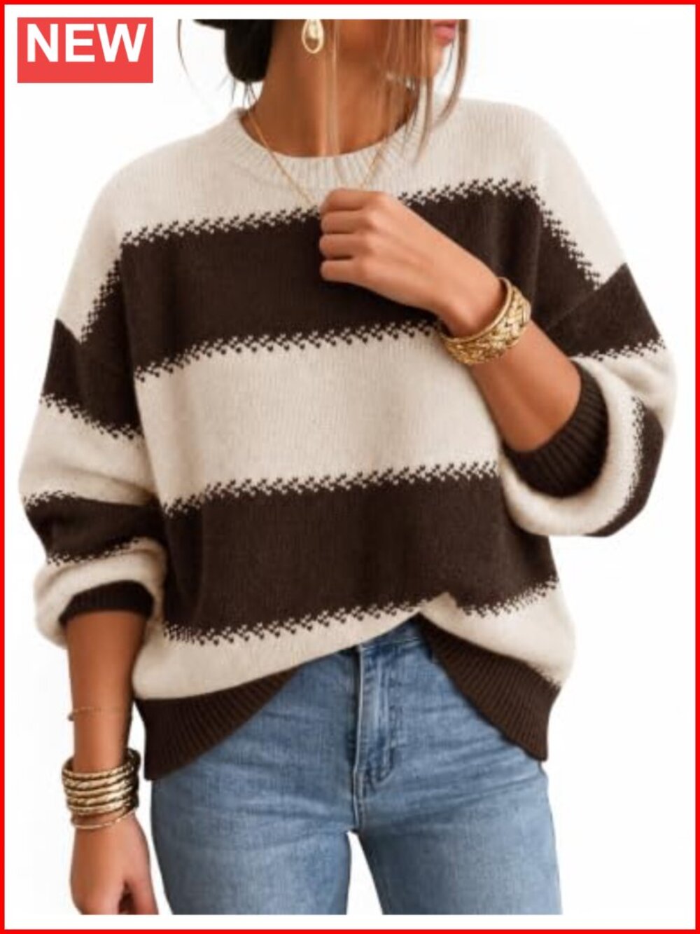Striped Oversized Chunky Knit Pullover Sweater Cozy Long Sleeve Fall Winter